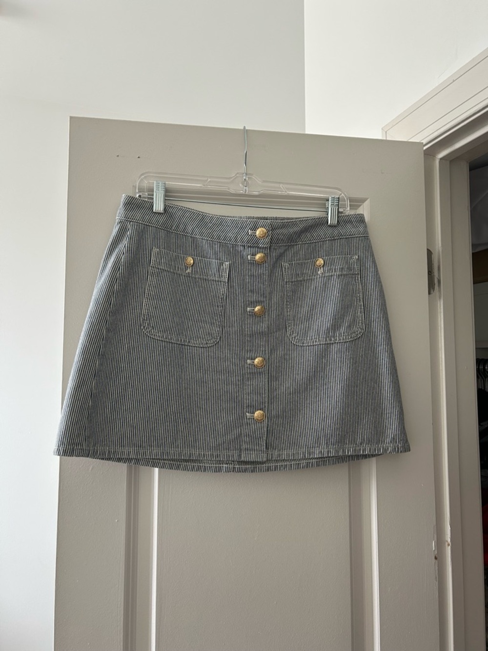 J. Crew Blue and White Stripe Denim Mini Skirt with Gold Buttons, US29